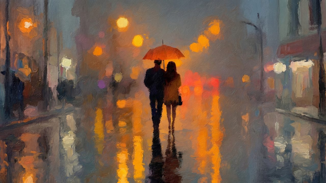Valentine Frame TV Art, Romantic Vintage Oil Painting (Couple Under Umbrella in Rain)