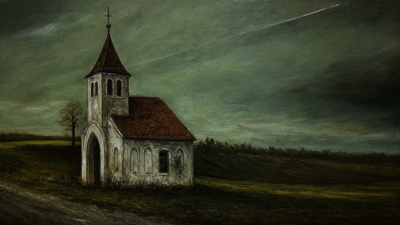 Halloween Frame TV Art, Vintage Moody Oil Painting (Lone Chapel Under Green Sky)