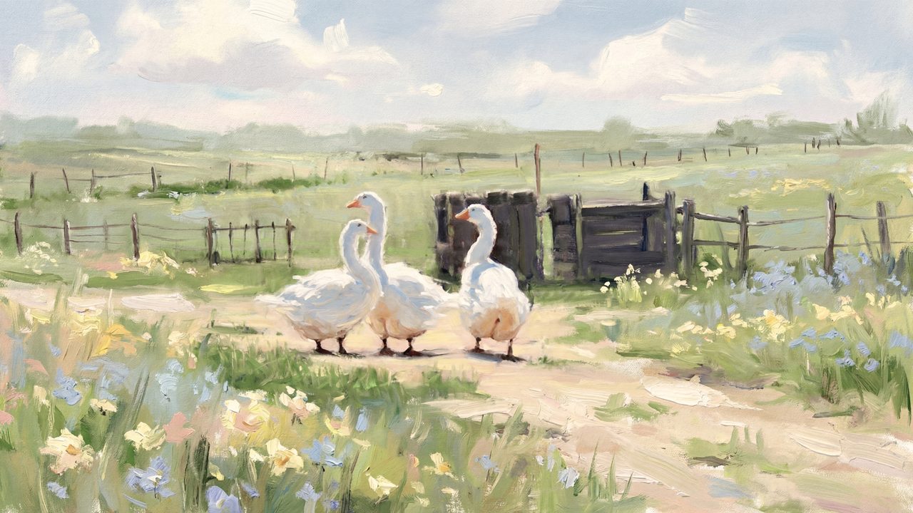 Spring Frame TV Art, Vintage Floral Landscape Oil Painting (Geese on Farm Path)
