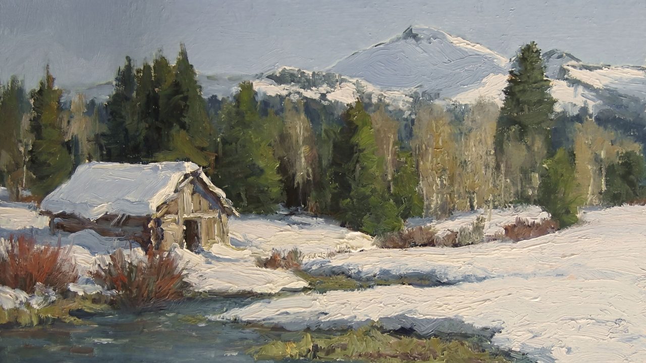Christmas Frame TV Art, Vintage Holiday Oil Painting (Stone Cottage by Mountain Stream)