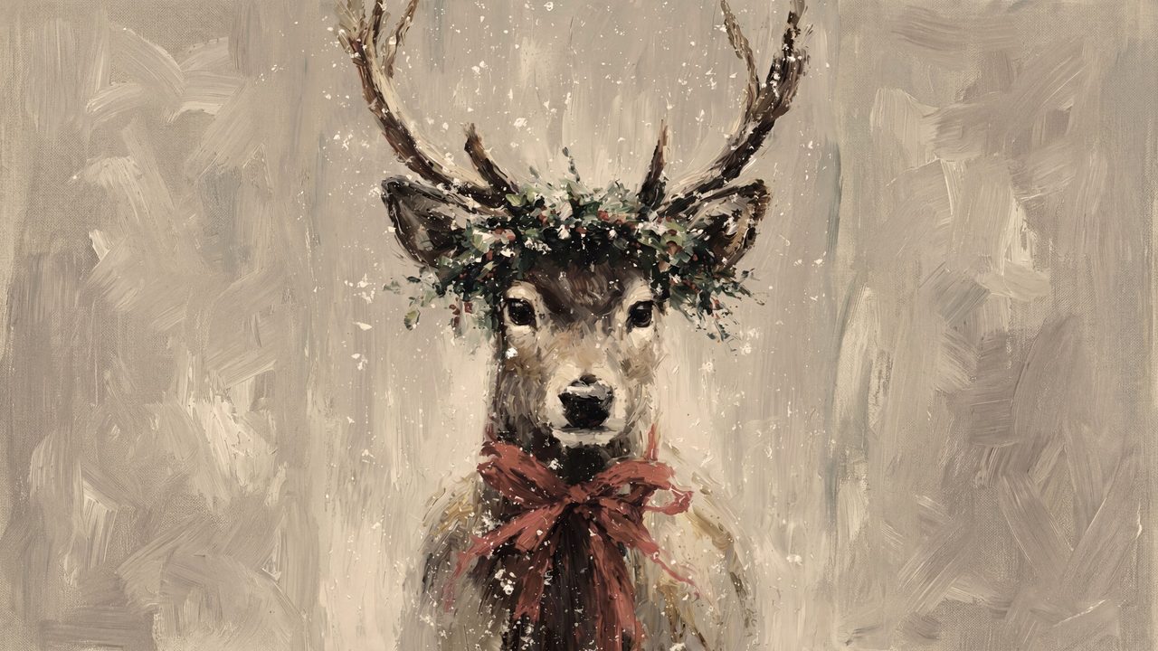 Christmas Frame TV Art, Vintage Holiday Oil Painting (Reindeer with Holly Crown)