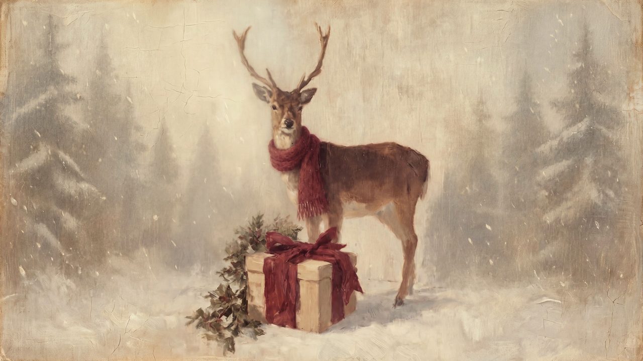Christmas Frame TV Art, Vintage Holiday Oil Painting (Reindeer with Gift Box)