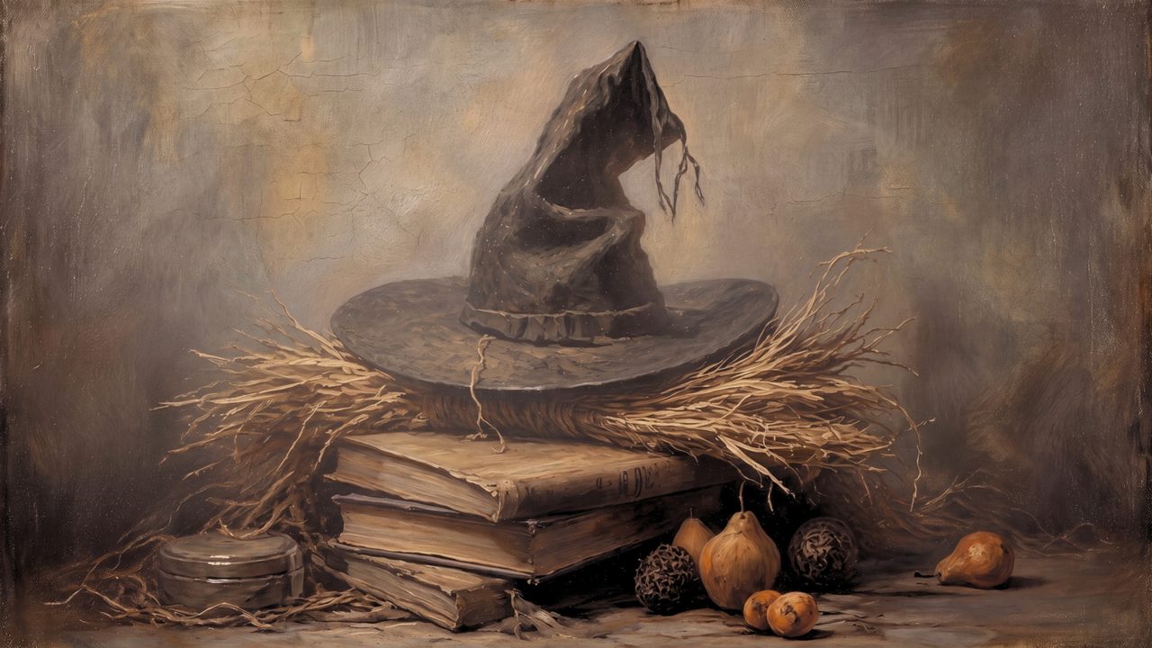 Witch Hat Frame TV Art, Vintage Halloween Still Life Oil Painting, Witchy Books and Pears, Dark Academia Fall Decor