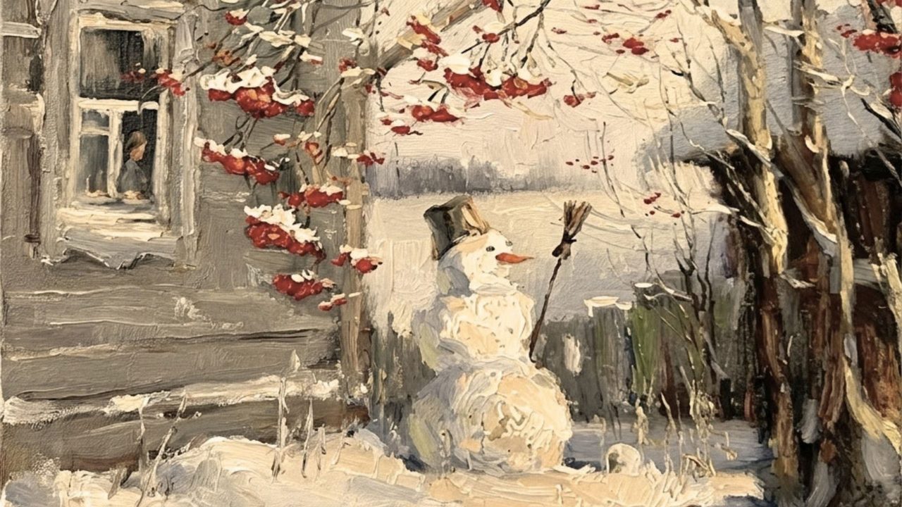 Christmas Frame TV Art, Vintage Holiday Oil Painting (Snowman by Cottage Window)