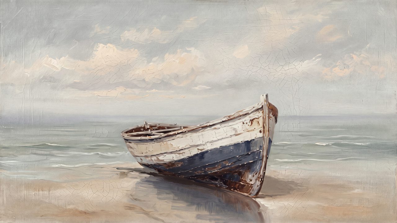 Summer Frame TV Art, Coastal Beach Oil Painting (Old Rowboat on Shore)