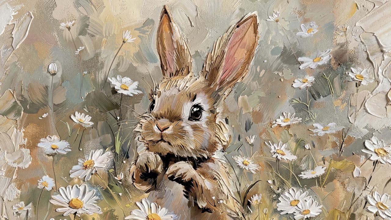 Easter Frame TV Art, Pastel Spring Oil Painting (Bunny Among Daisies)