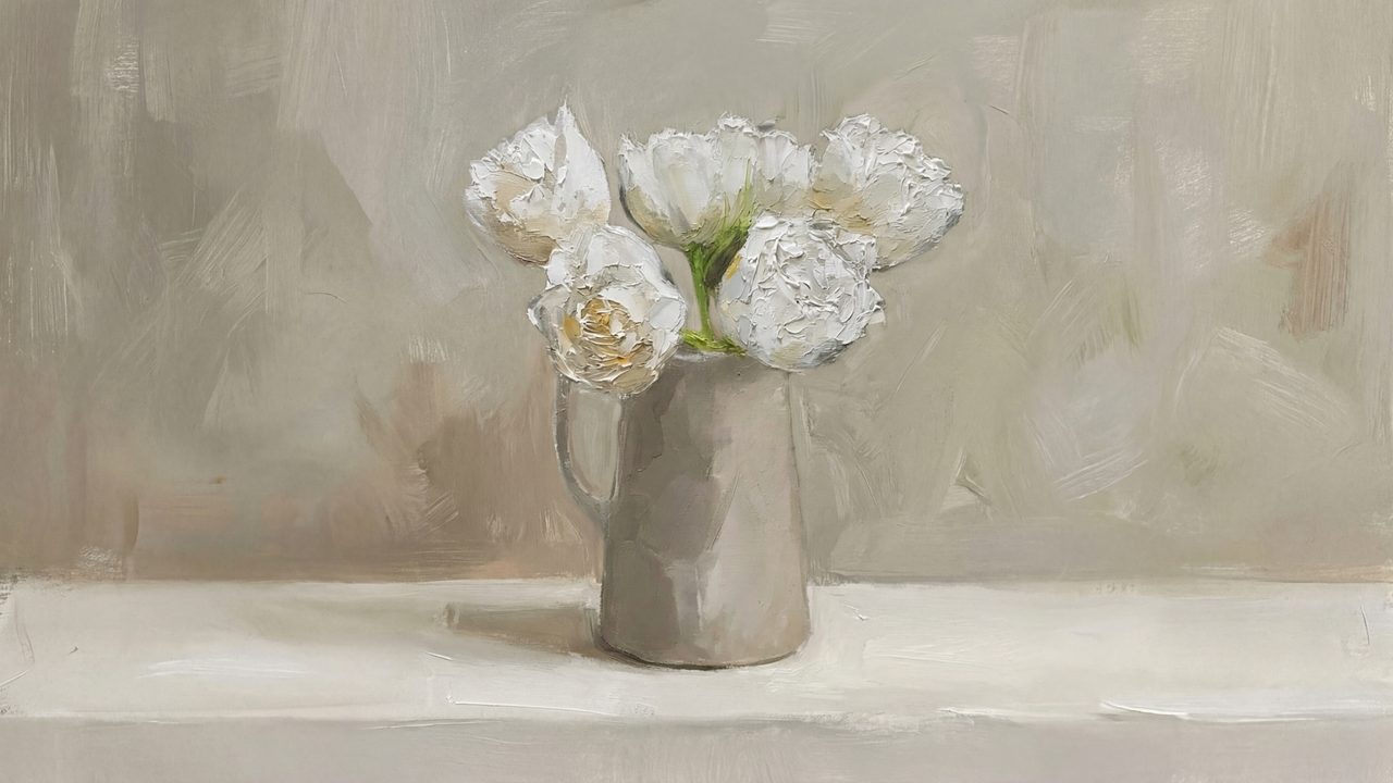 Vintage Frame TV Art, Antique Landscape Oil Painting (White Peonies in Pitcher)