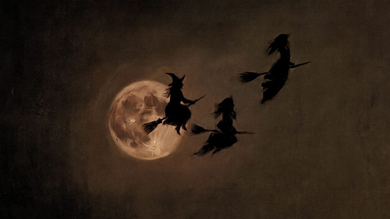 Fall Frame TV Art, Vintage Autumn Oil Painting (Witches Flying by Moon)