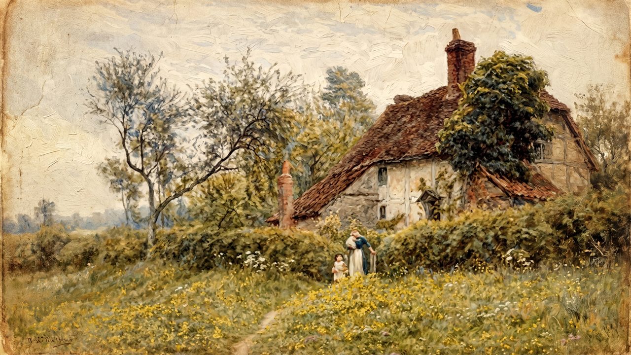 Rustic Frame TV Art, Farmhouse Country Oil Painting (Thatched Cottage in Garden)