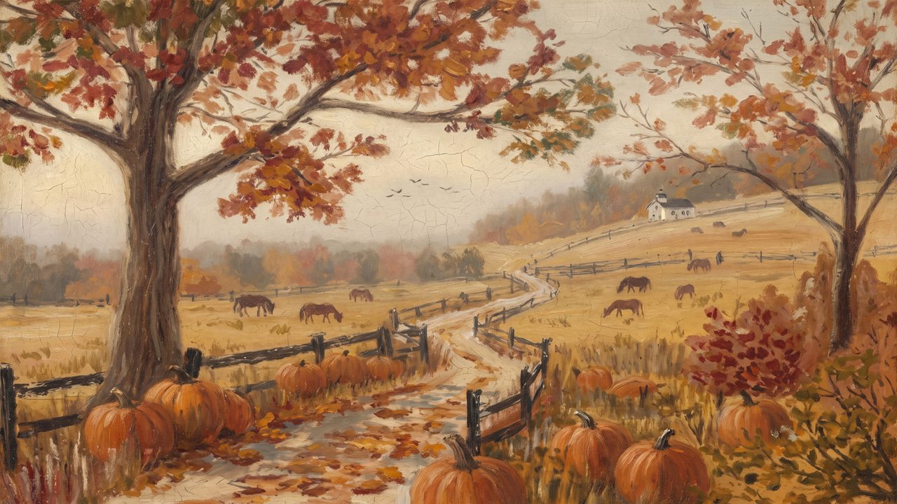 Fall Frame TV Art, Vintage Autumn Oil Painting (Autumn Pasture with Pumpkins)