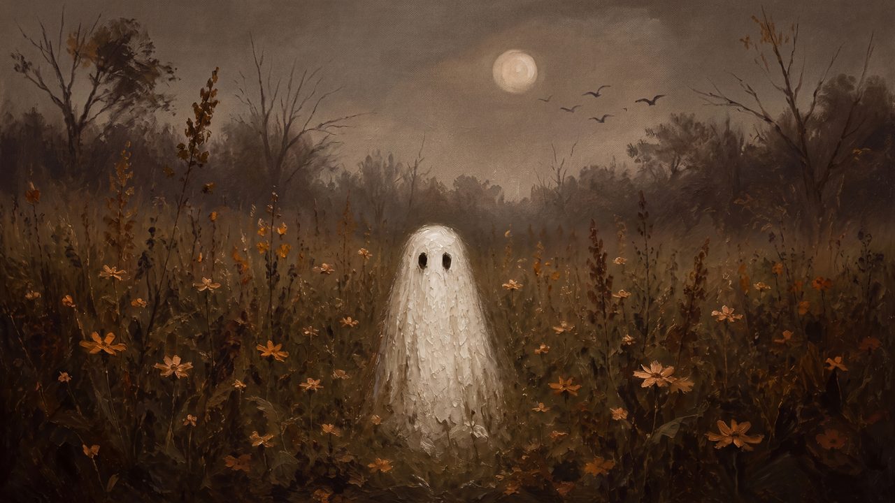 Fall Frame TV Art, Vintage Autumn Oil Painting (Ghost in Moonlit Field)