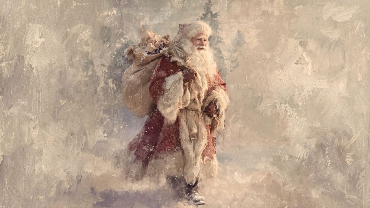 Christmas Frame TV Art, Vintage Holiday Oil Painting (Santa Carrying Sack 2)
