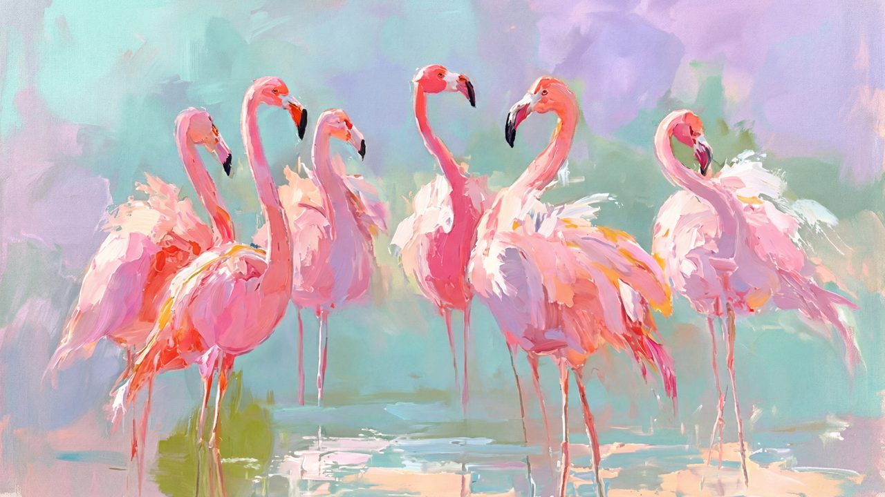 Summer Frame TV Art, Coastal Beach Oil Painting (Pink Flamingos Group)