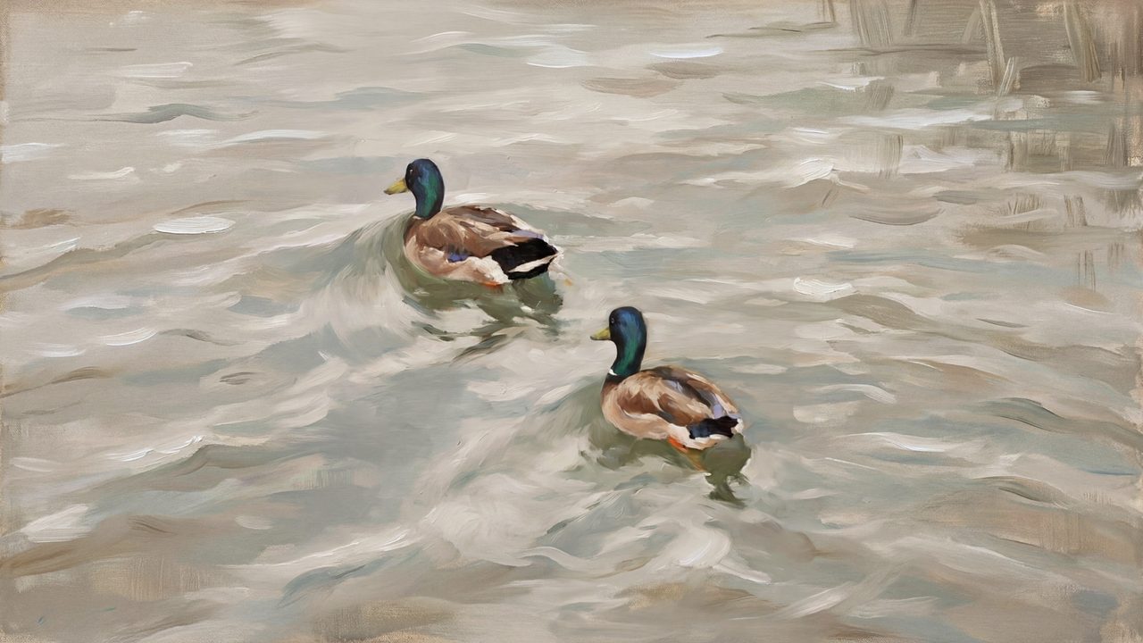 Vintage Frame TV Art, Antique Landscape Oil Painting (Mallard Ducks Swimming)