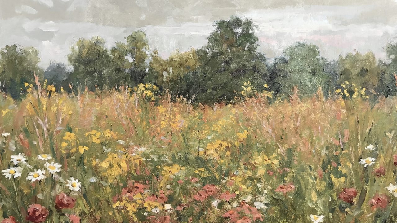 Easter Frame TV Art, Pastel Spring Oil Painting (Wildflower Meadow Under Clouds)