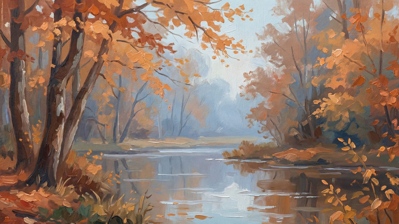 Fall Frame TV Art, Vintage Autumn Oil Painting (Misty Autumn River)