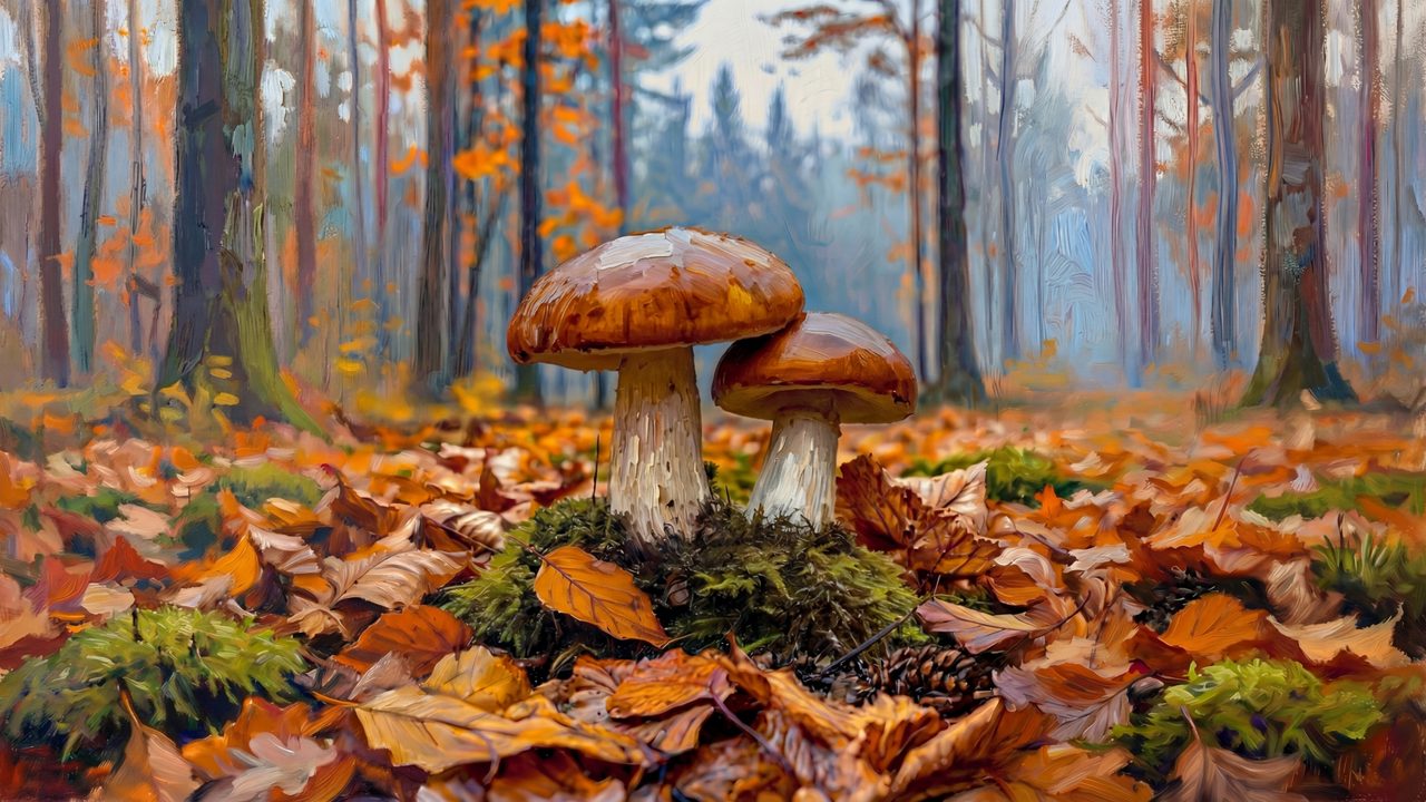 Fall Frame TV Art, Vintage Autumn Oil Painting (Mushrooms in Autumn Leaves)