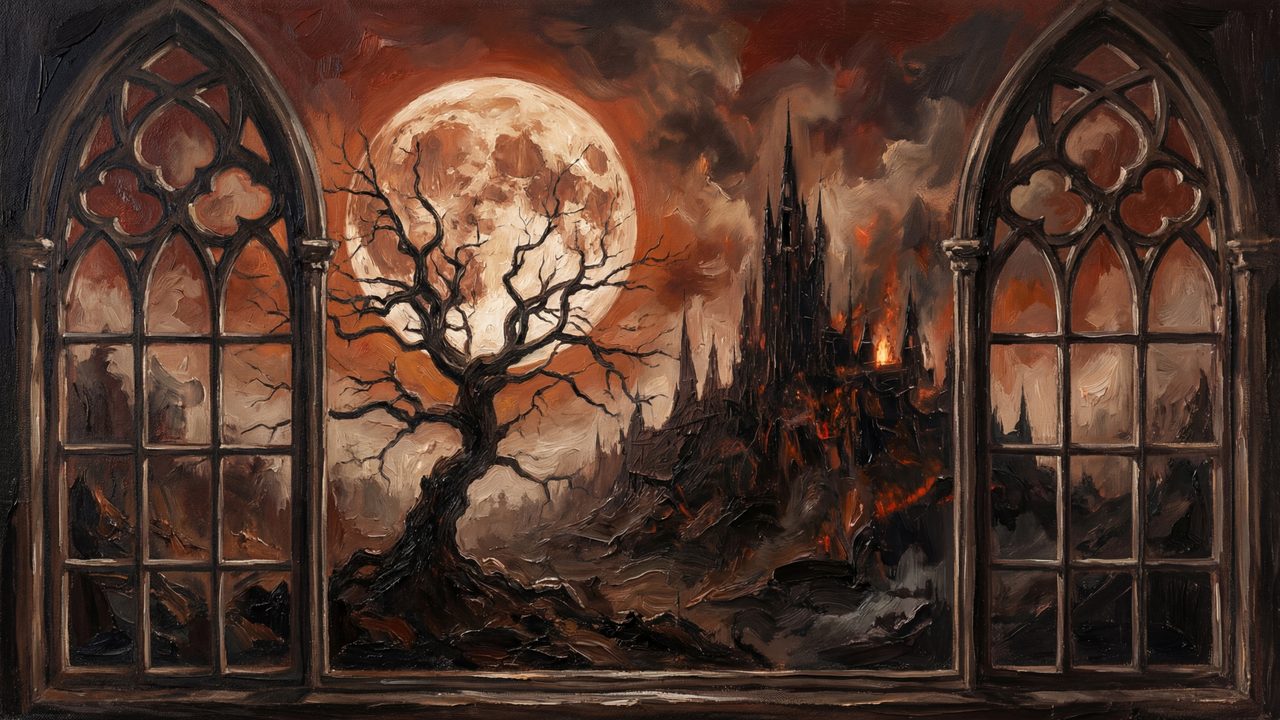 Fall Frame TV Art, Vintage Autumn Oil Painting (Blood Moon Through Gothic Window)