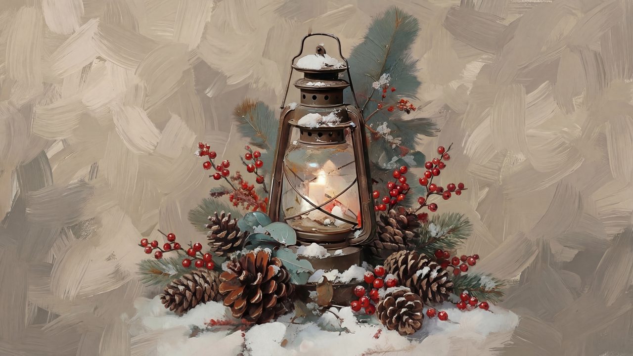 Christmas Frame TV Art, Vintage Holiday Oil Painting (Lantern with Pine Cones)