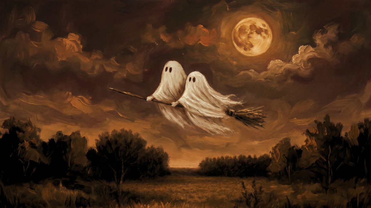 Fall Frame TV Art, Vintage Autumn Oil Painting (Ghosts on Broomstick Under Moon)
