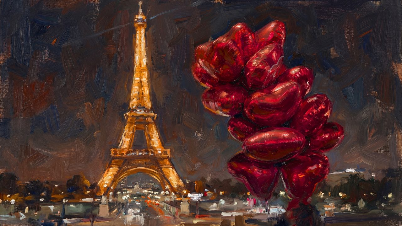 Samsung Frame TV Art Valentine's Day, Paris Eiffel Tower Night Oil Painting, Romantic Red Heart Balloons