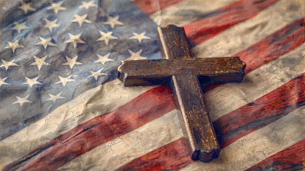 4th of July Frame TV Art, Patriotic American Oil Painting (Wooden Cross on American Flag)