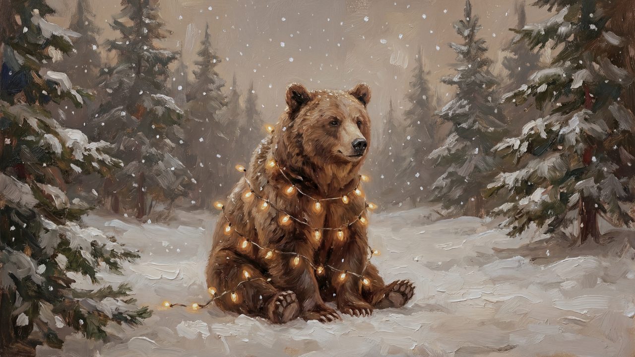 Christmas Frame TV Art, Vintage Holiday Oil Painting (Bear with String Lights)
