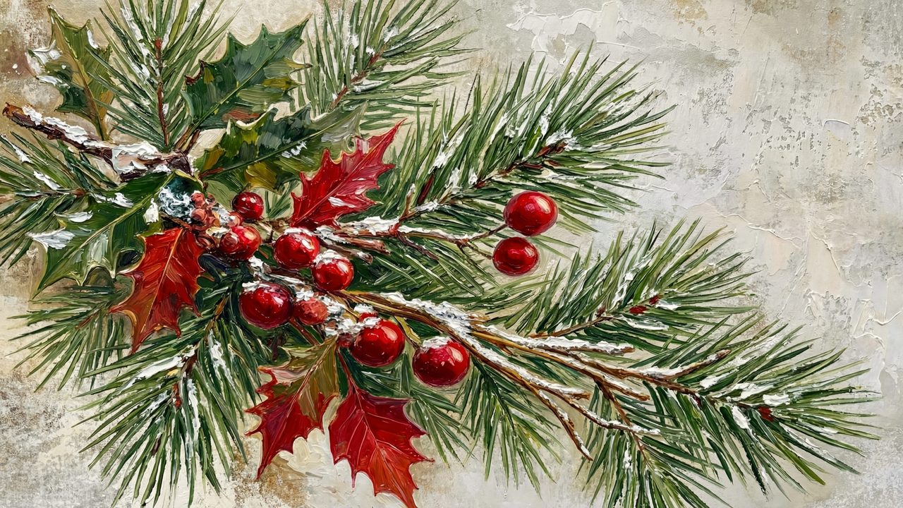 Christmas Frame TV Art, Vintage Holiday Oil Painting (Pine and Holly Berries)