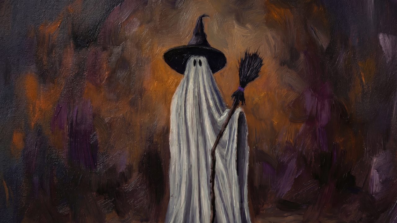 Halloween Frame TV Art, Vintage Moody Oil Painting (Ghost in Witch Hat with Broom)