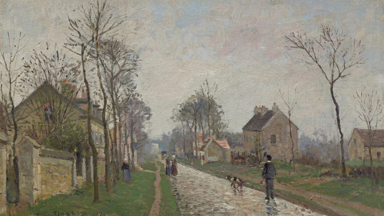 Vintage Frame TV Art, Antique Landscape Oil Painting (Village Street with Bare Trees)
