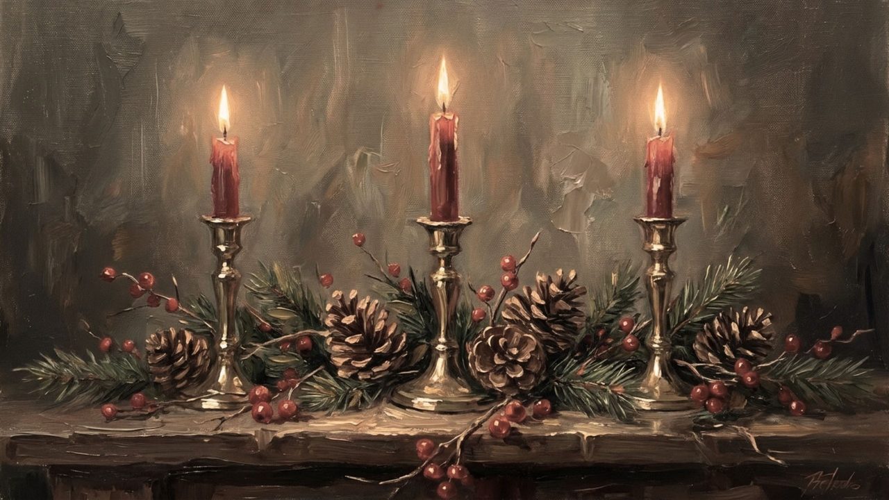 Christmas Frame TV Art, Vintage Holiday Oil Painting (Red Candles on Mantel)