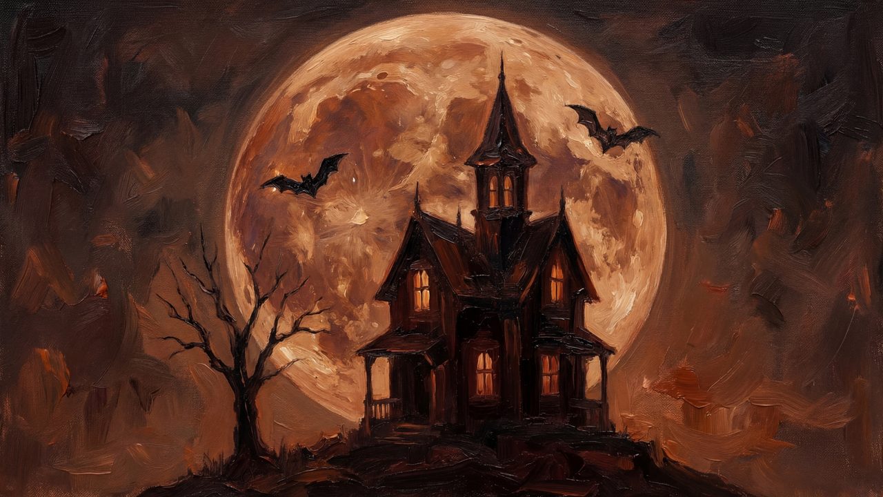 Halloween Frame TV Art, Vintage Moody Oil Painting (Haunted House Under Full Moon 2)