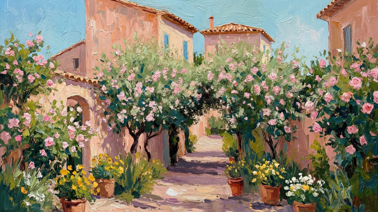 Spring Frame TV Art, Vintage Floral Landscape Oil Painting (Flowering Village Courtyard)