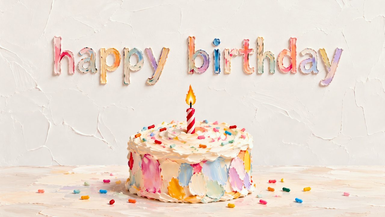 Happy Birthday Frame TV Art, Colorful Party TV Background (Small Cake with Candle)