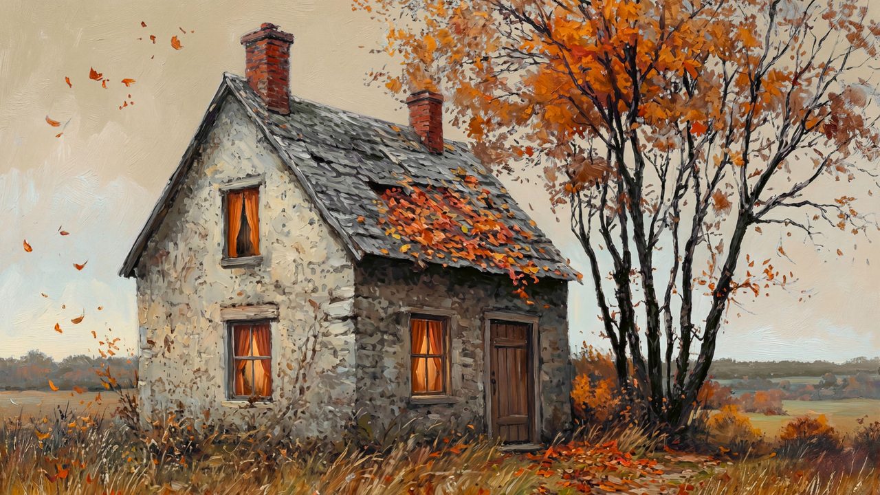 Fall Frame TV Art, Vintage Autumn Oil Painting (Stone Cottage in Autumn)
