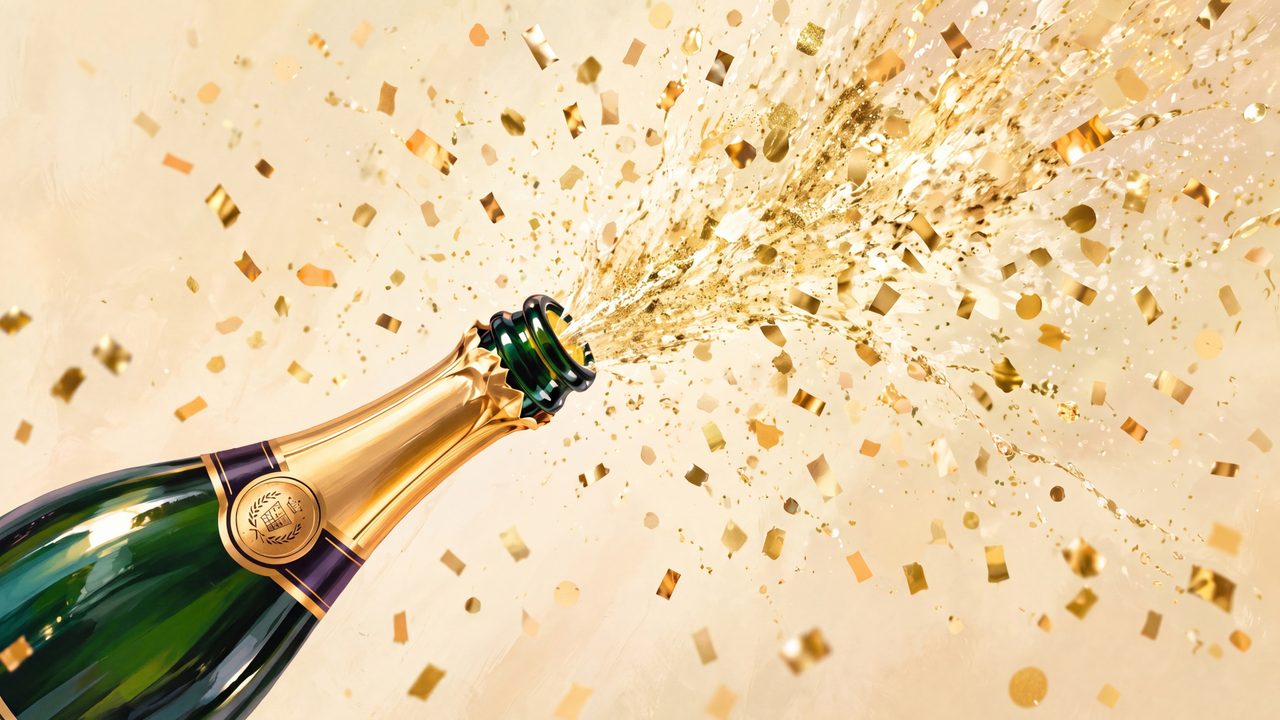 Happy Birthday Frame TV Art, Colorful Party TV Background (Champagne Bottle Gold Confetti)