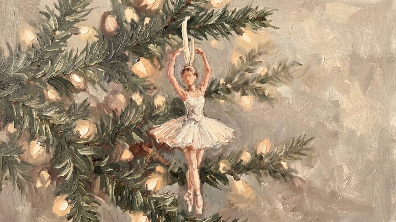 Christmas Frame TV Art, Vintage Holiday Oil Painting (Ballerina Ornament on Tree)