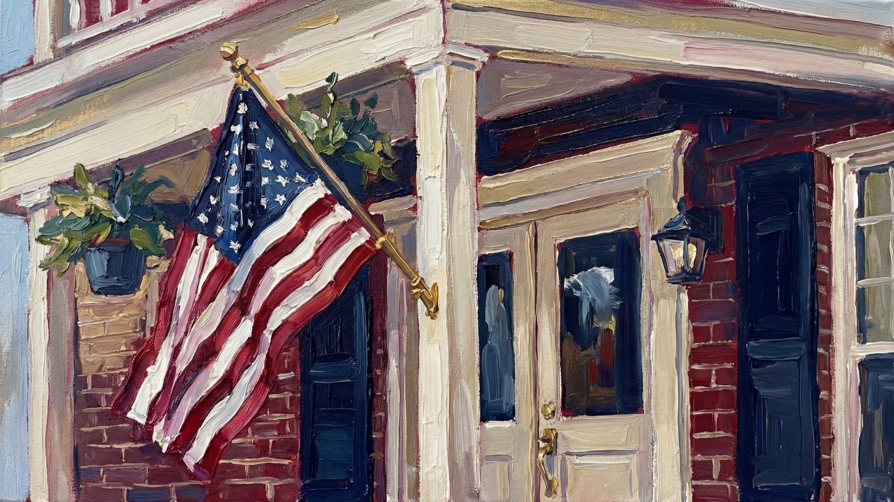 4th of July Frame TV Art, Patriotic American Oil Painting (Flag on Brick Porch)