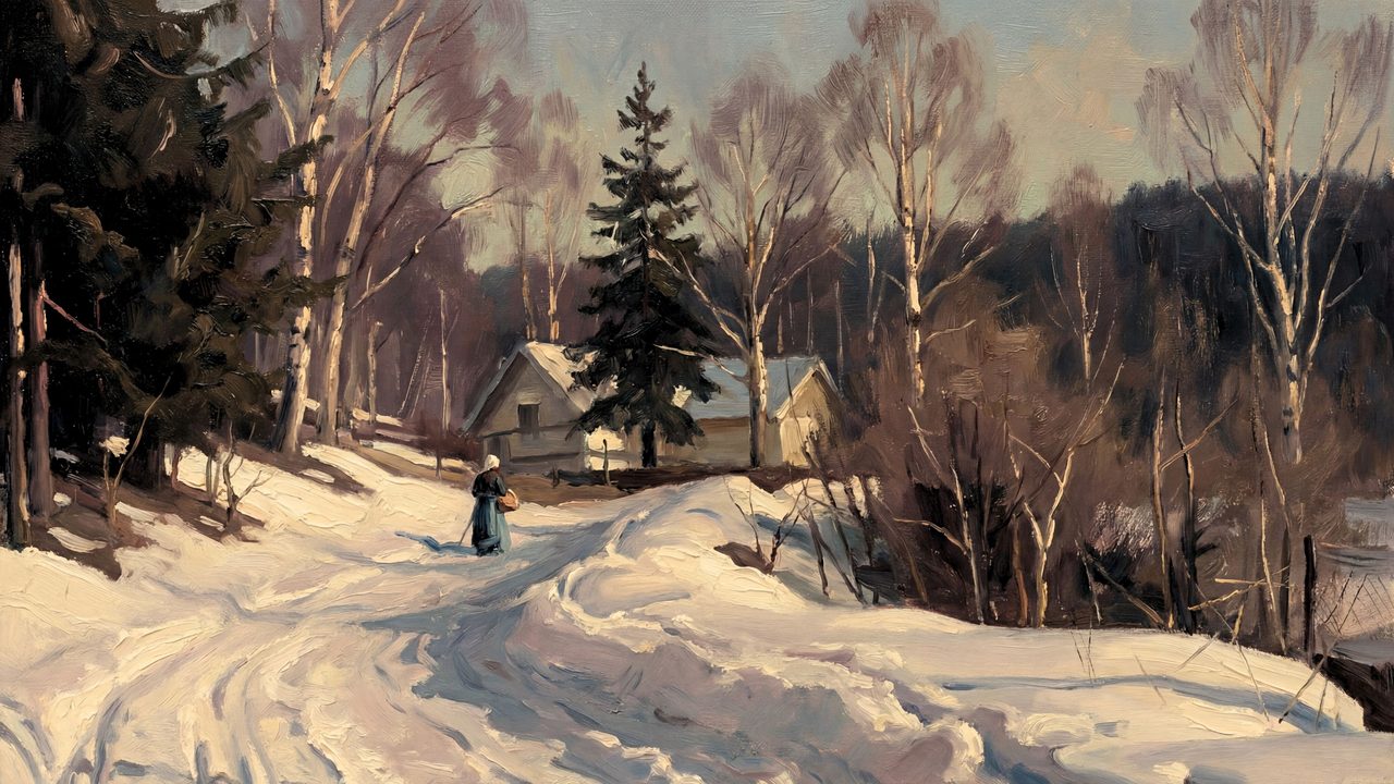 Christmas Frame TV Art, Vintage Holiday Oil Painting (Snowy Woodland Path)