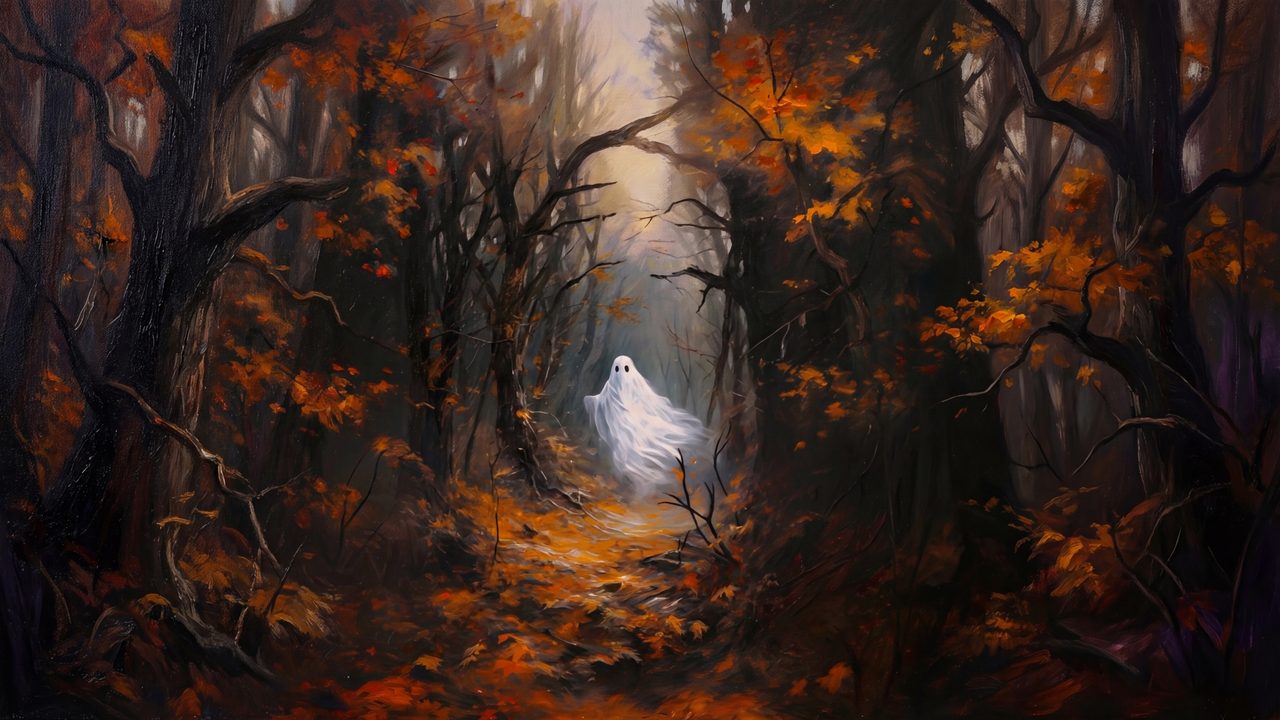 Halloween Frame TV Art, Vintage Moody Oil Painting (Ghost on Autumn Forest Path)