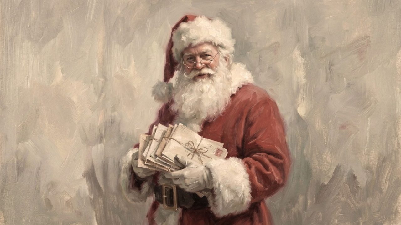 Christmas Frame TV Art, Vintage Holiday Oil Painting (Santa Holding Letters)