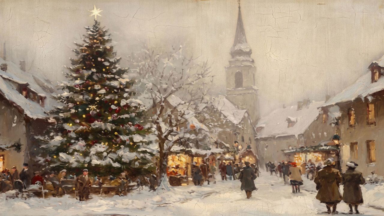 Christmas Frame TV Art, Vintage Holiday Oil Painting (Village Christmas Tree Square)