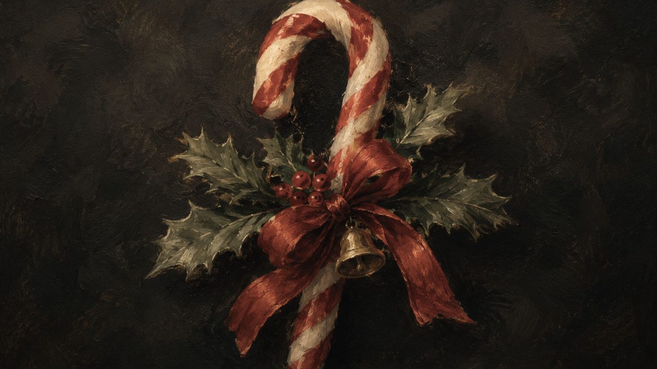 Christmas Frame TV Art, Vintage Holiday Oil Painting (Candy Cane with Holly Bow)