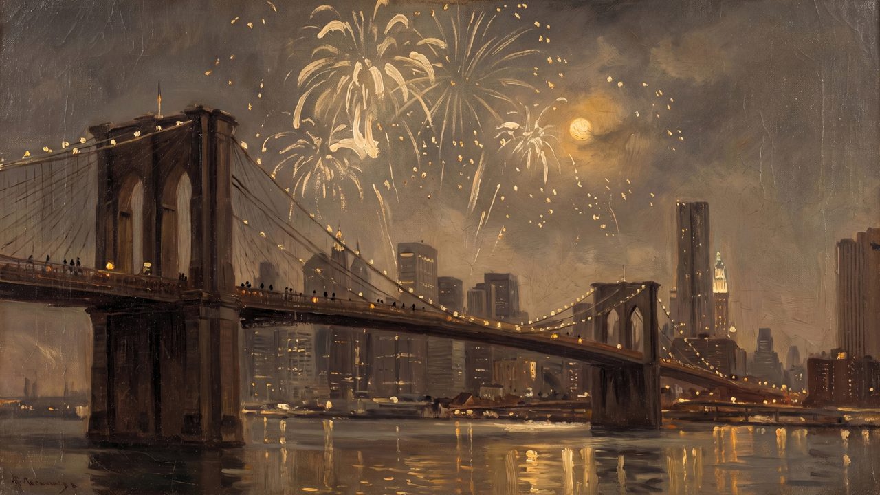 New Year Frame TV Art, Festive Celebration TV Background (Brooklyn Bridge Fireworks)
