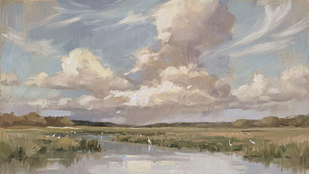 Vintage Frame TV Art, Antique Landscape Oil Painting (River Through Marshland)