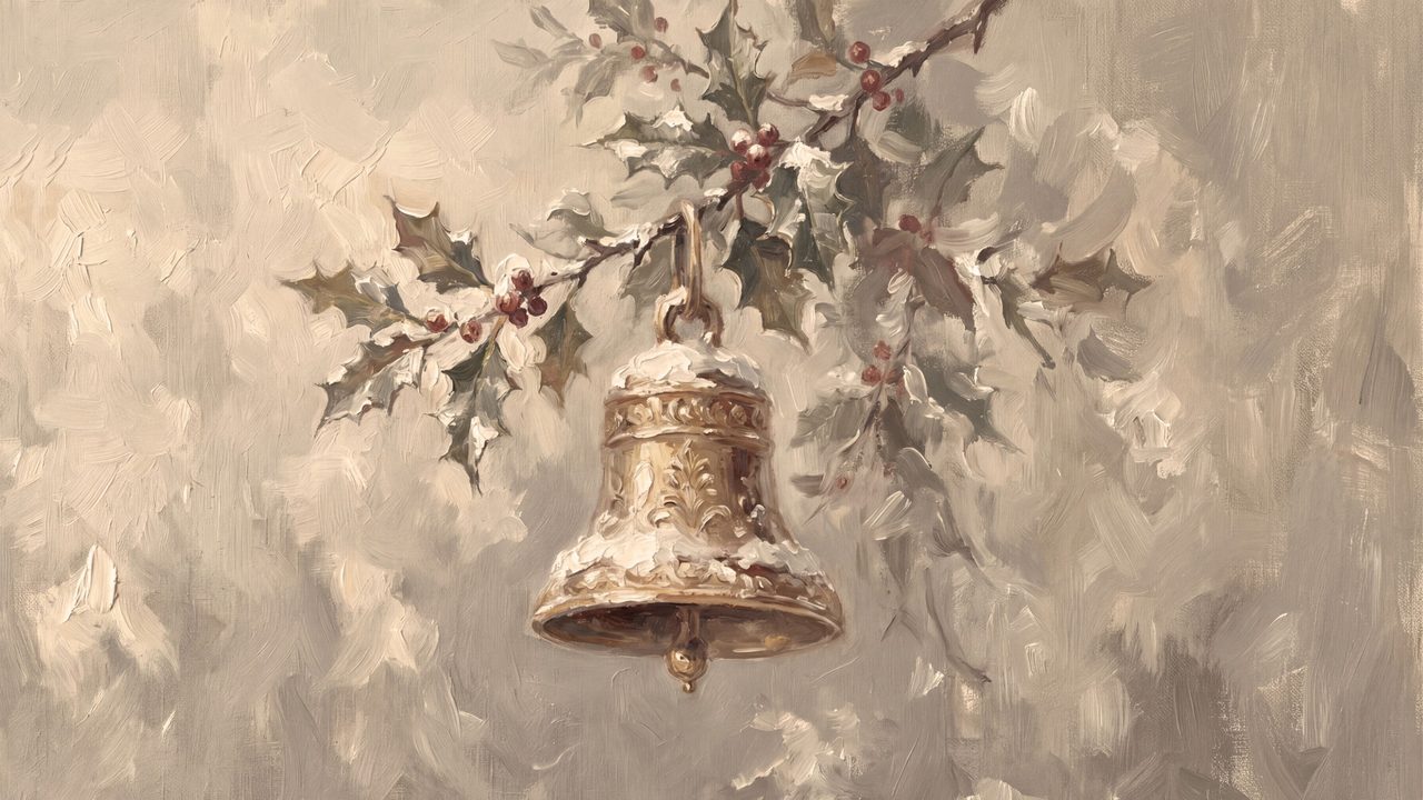 Christmas Frame TV Art, Vintage Holiday Oil Painting (Gold Bell with Holly)