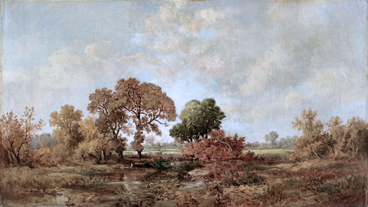 Vintage Frame TV Art, Antique Landscape Oil Painting (Autumn Trees in Meadow)