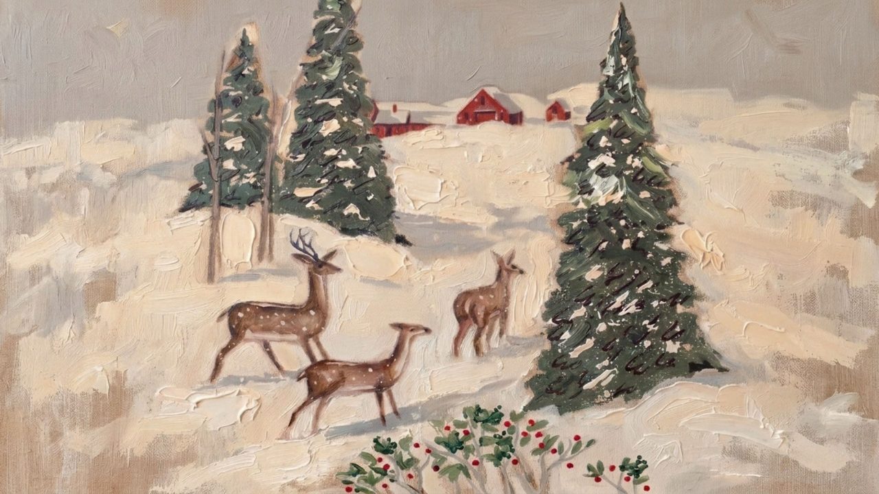 Christmas Frame TV Art, Vintage Holiday Oil Painting (Deer Among Christmas Trees)