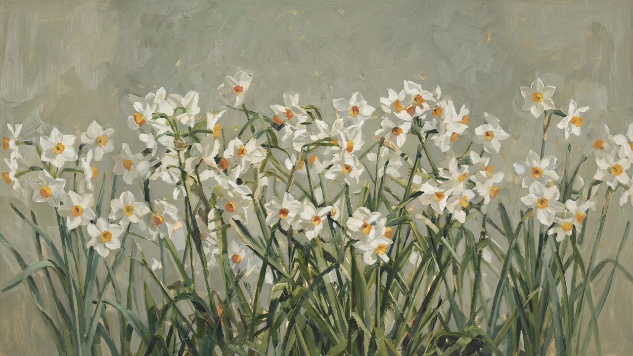 Vintage Frame TV Art, Antique Landscape Oil Painting (Field of White Daffodils)