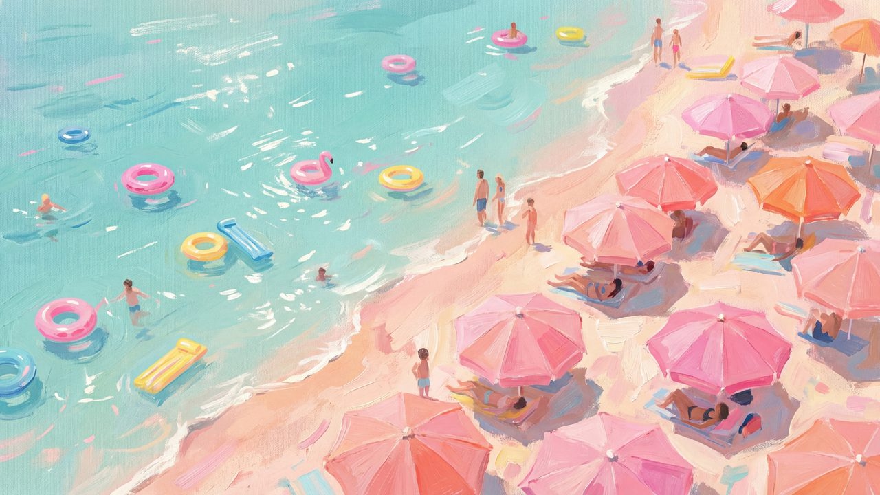 Summer Frame TV Art, Coastal Beach Oil Painting (Pink Umbrellas on Beach)